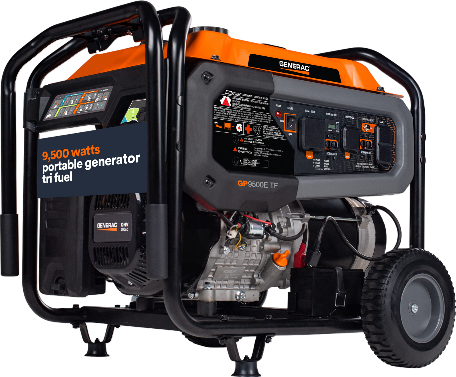 Generac GP9500E TF 8063 9500W/12500W Generator Tri-Fuel Gas Propane Natural Gas 50 Amp COSense Electric Start Open Box