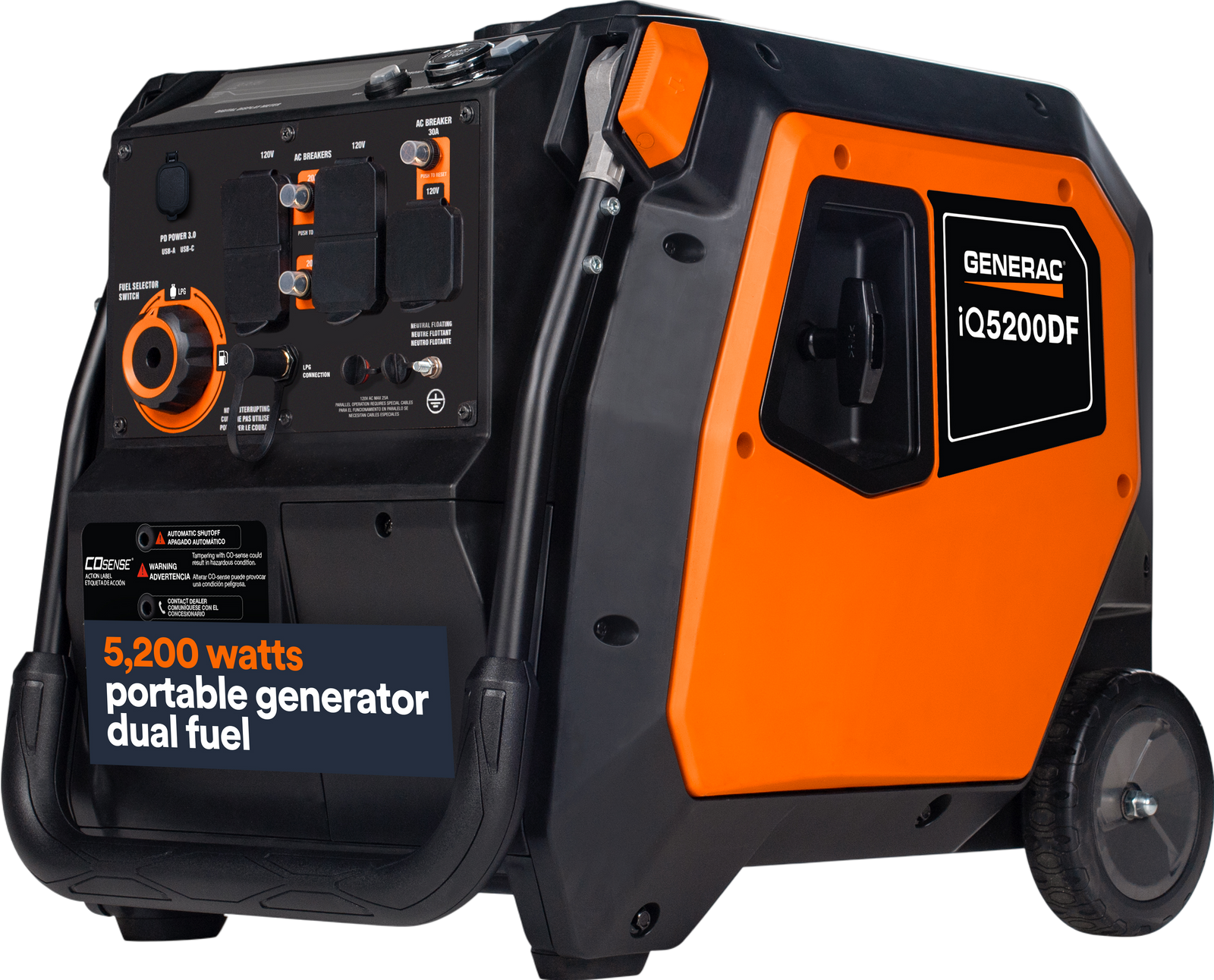 Generac iQ5200 DF 8945 3900W/5200W Generator Dual Fuel Gas Propane Inverter COSense Electric Start RFB