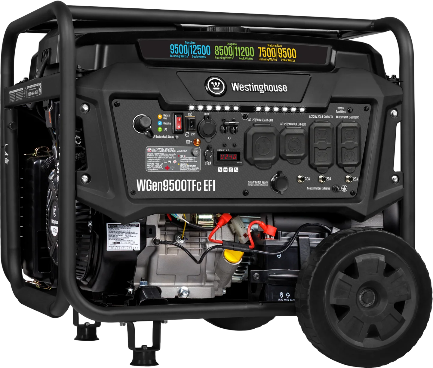 Westinghouse WGen9500TFc EFI Generator 9500/12500W Tri Fuel Gas Propane Natural Gas 50A Remote Start CO Sensor CARB New