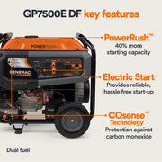 Generac GP7500EDF 7500W/9400W Generator Dual Fuel Gas Propane Electric Start CO Sense 8011 RFB