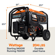 Generac GP7500EDF 7500W/9400W Generator Dual Fuel Gas Propane Electric Start CO Sense 8011 RFB