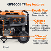 Generac GP9500E TF 8061 9500W/12500W Generator Tri-Fuel Gas Propane Natural Gas 50A COSense Electric Start CARB New
