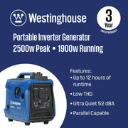 Westinghouse iGen2550c Inverter Generator 1800W/2550W 30 Amp Recoil Start Gas with CO Sensor New