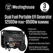 Westinghouse WGen9500DFc EFI Generator 9500/12500W Dual Fuel Gas Propane 50A Remote Start CO Sensor CARB New