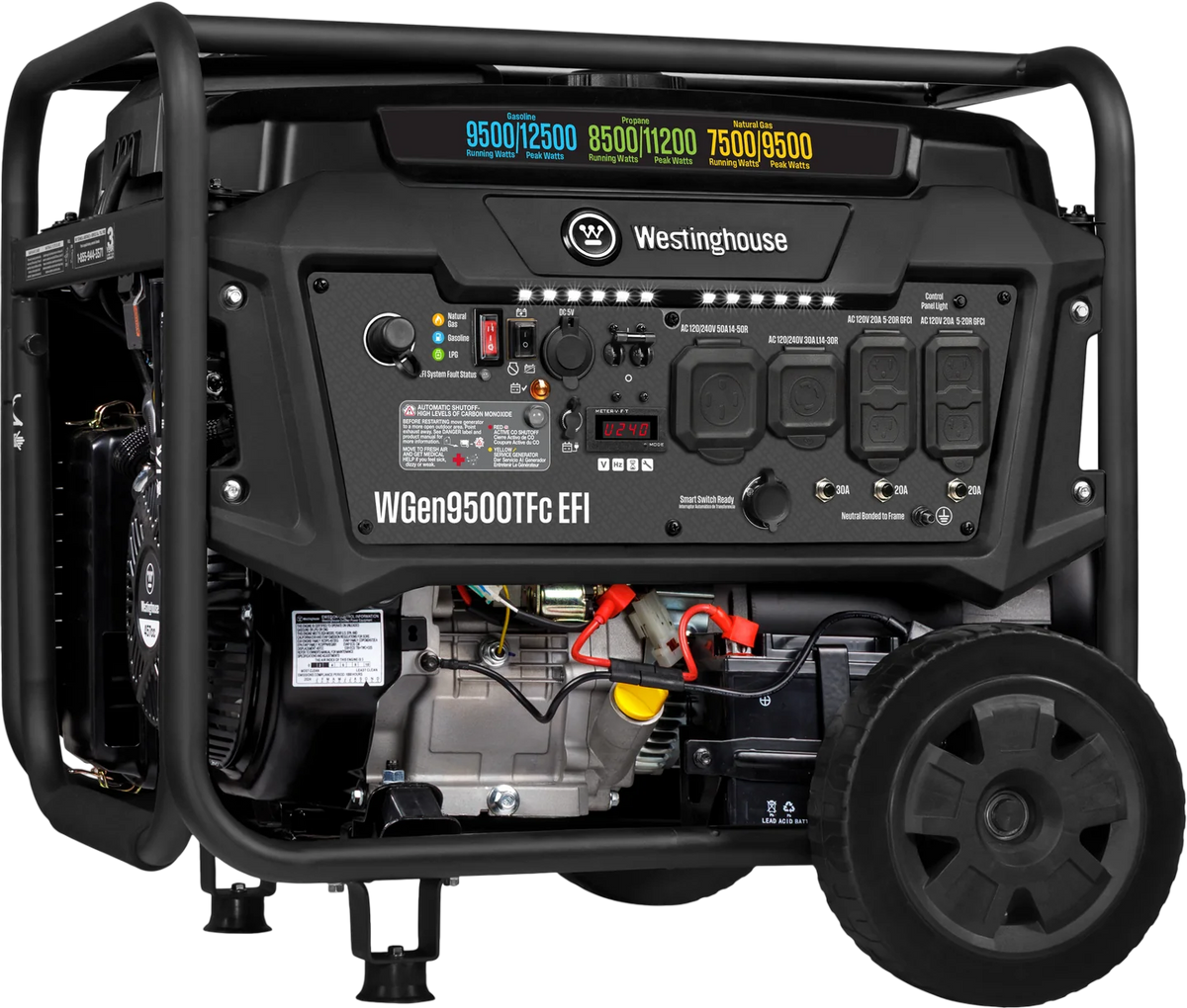 Westinghouse WGen9500TFc EFI Generator 9500/12500W Tri Fuel Gas Propane Natural Gas 50A Remote Start CO Sensor CARB New
