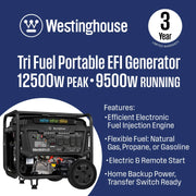 Westinghouse WGen9500TFc EFI Generator 9500/12500W Tri Fuel Gas Propane Natural Gas 50A Remote Start CO Sensor CARB New