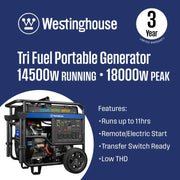 Westinghouse WGen14500TFc 14500W/18000W Generator Tri-Fuel Gasoline Liquid Propane Natural Gas CO Sensor Remote Start New