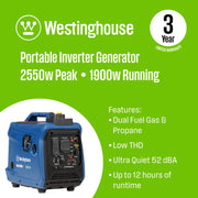 Westinghouse iGen2550DFc Inverter Generator 1900/2550W Dual Fuel Gas Propane 30A Low THD CO Sensor New