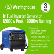 Westinghouse iGen12000TFc Inverter Generator 9000/12000W Tri Fuel Gas Propane Natural Gas 50A Low THD Remote Start CO Sensor New