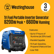 Westinghouse iGen8200TFc Inverter Generator 6600/8200W Tri Fuel Gas Propane Natural Gas Low THD Remote Start CO Sensor New